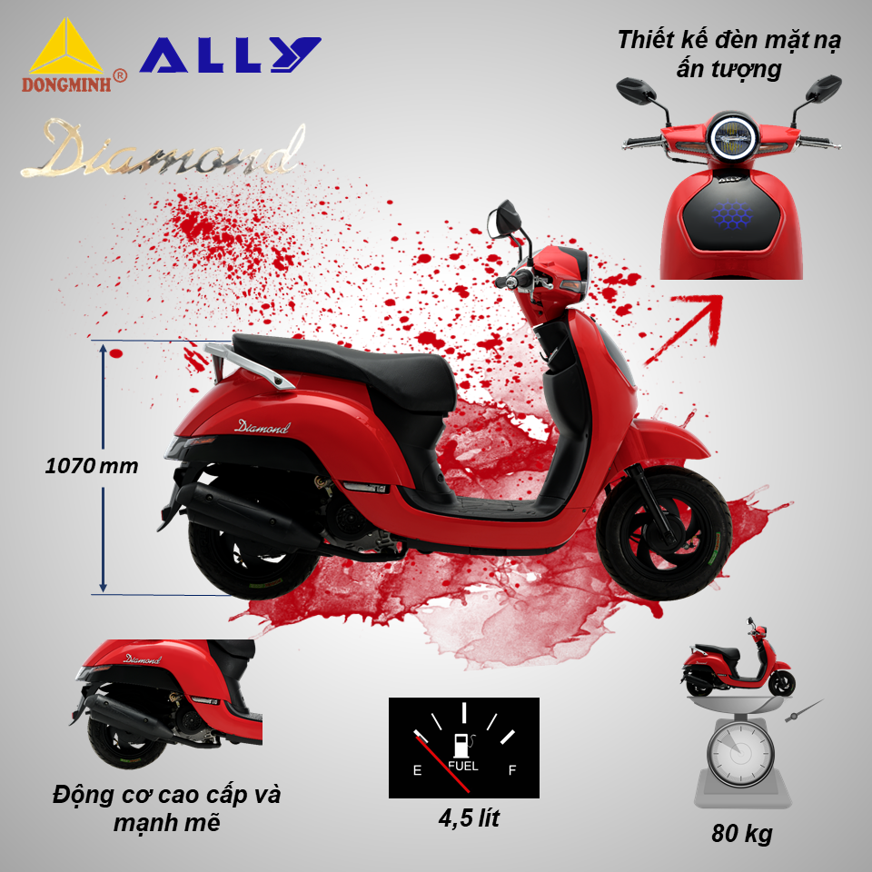 Xe ga 50cc ALLY Diamond luôn có sự kết hợp rất hài hòa của góc cạnh và màu sắc